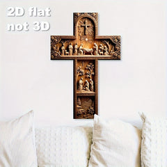 2D Flat Cross-Shaped Wall Decoration Jesus Christ Recycled Wood Christian Religion Artistic Scene Home Decor Faith-Based Design
