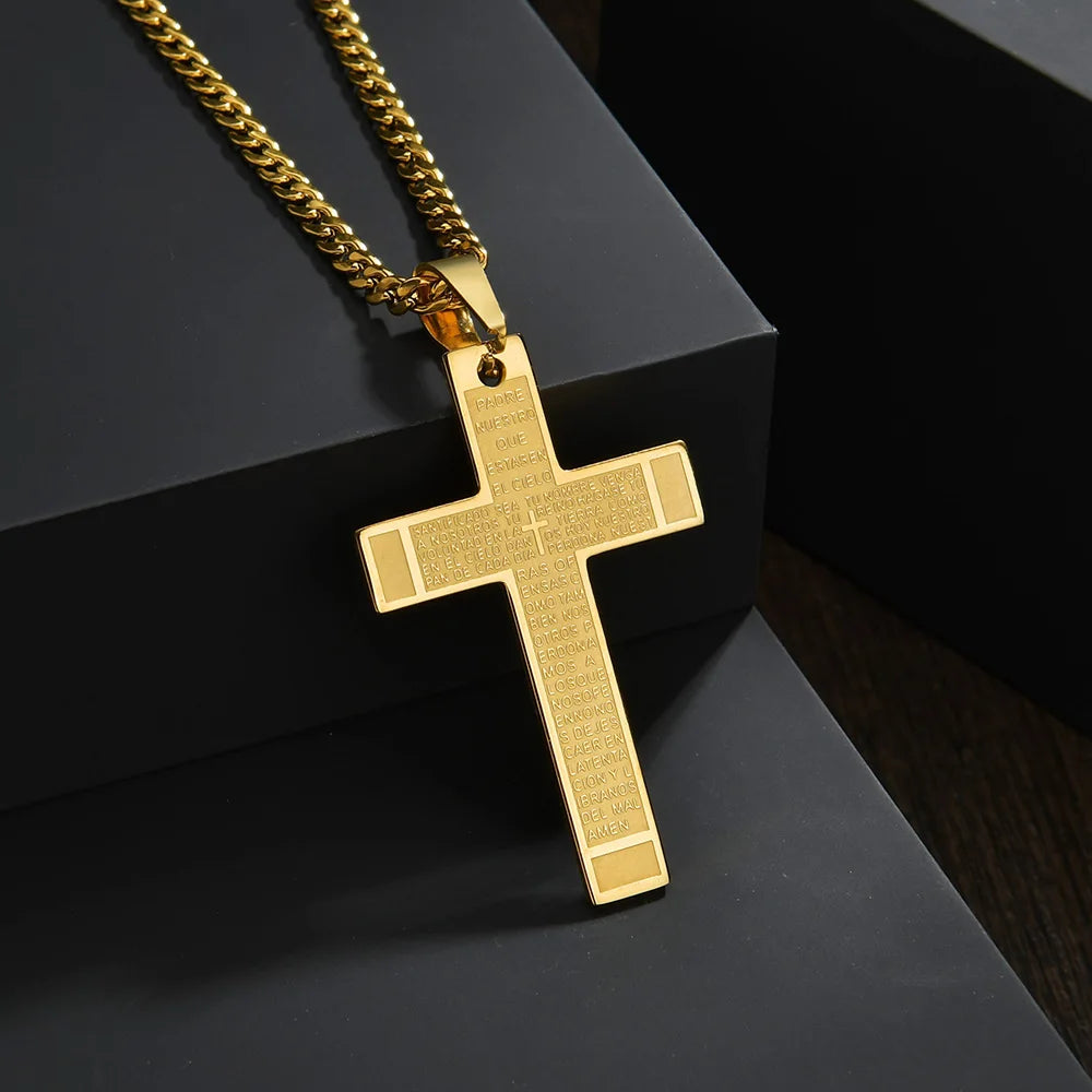 Bible Cross Necklace Gold color Stainless Steel Pendant & Chain For Men Gift Christian Jewelry 60cm Chain Length