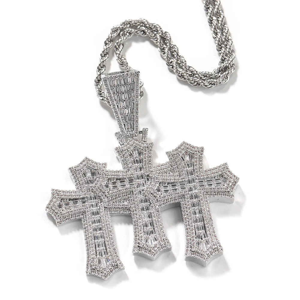 UWIN Stacked Baguettecz Cross Pendant Necklaces for Men Iced Cubic Zirconia Fashion Charms Necklace Jewelry for Gift