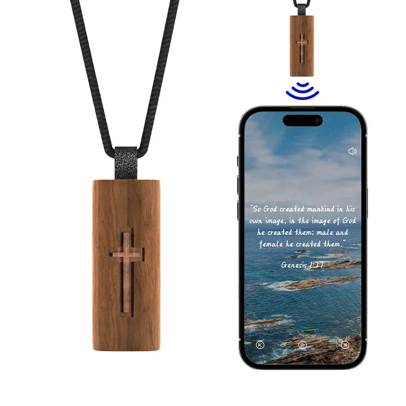 NFC Bible Necklace Cross Necklace  Tap to display Daily Bible Verse Wooden Faith Necklace Christian Daily Bible Verse