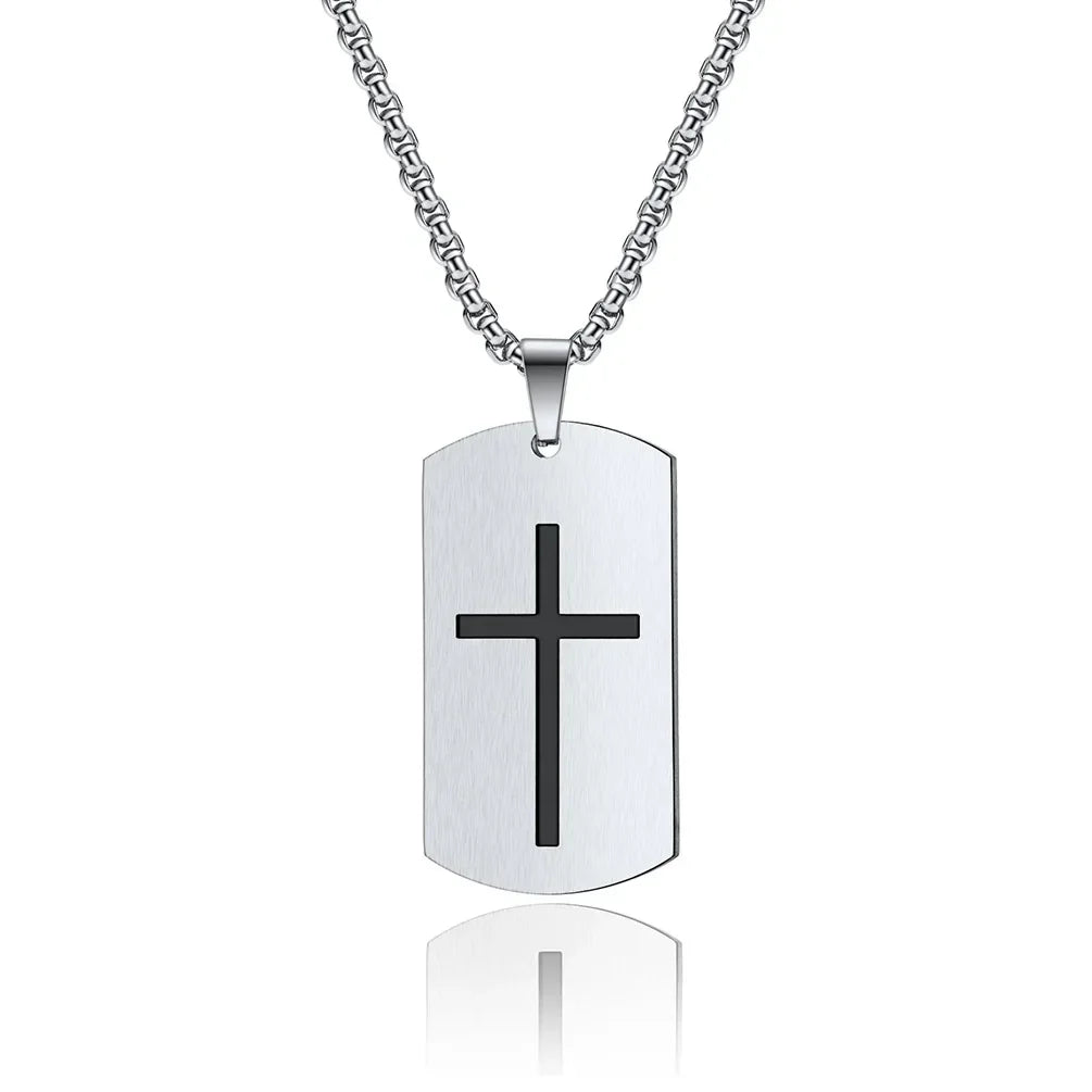 Joshua 1:9 Bible Men's Necklace Dog Tag Cross Pendant Stainless Steel Scripture Religlious Necklaces for Men Male